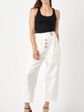 English Factory High-Waist White Button-Front Linen Trousers